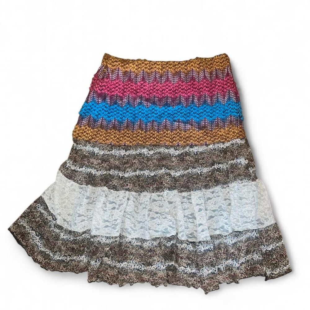 Avital Womens Multicolored Woven Mixed Media Lace Trim Midi Skirt SZ M-L
